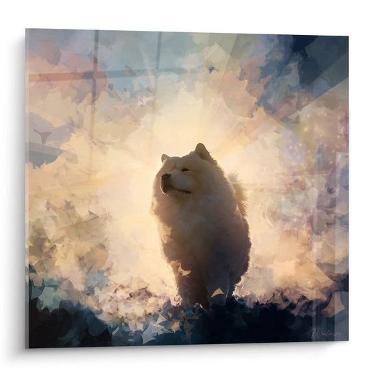 Tableau chow chow silhouette lumineuse sur nuages dores atmosphere celeste apaisante