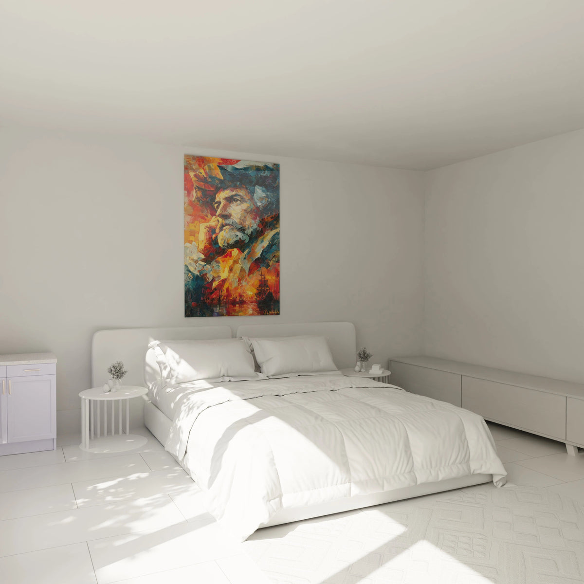 Chambre minimaliste blanche avec lit double et tableau Christophe Colomb colore signe Walensky au mur
