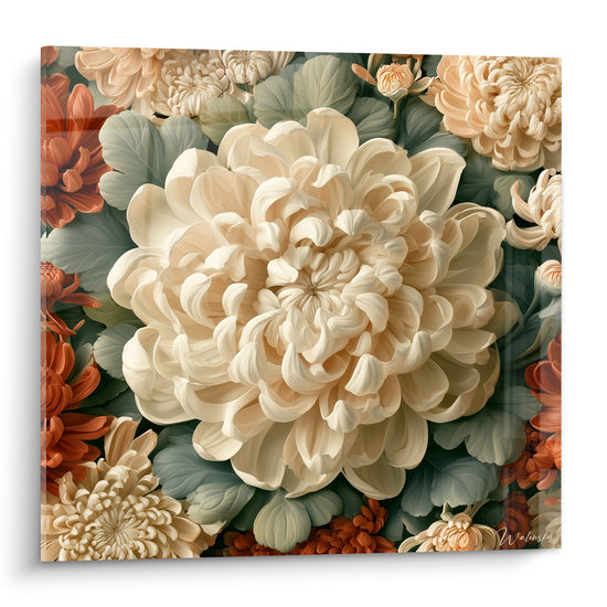 Chrysanthème blanc crème et terracotta aux pétales enroulés sur feuillage vert sauge dense