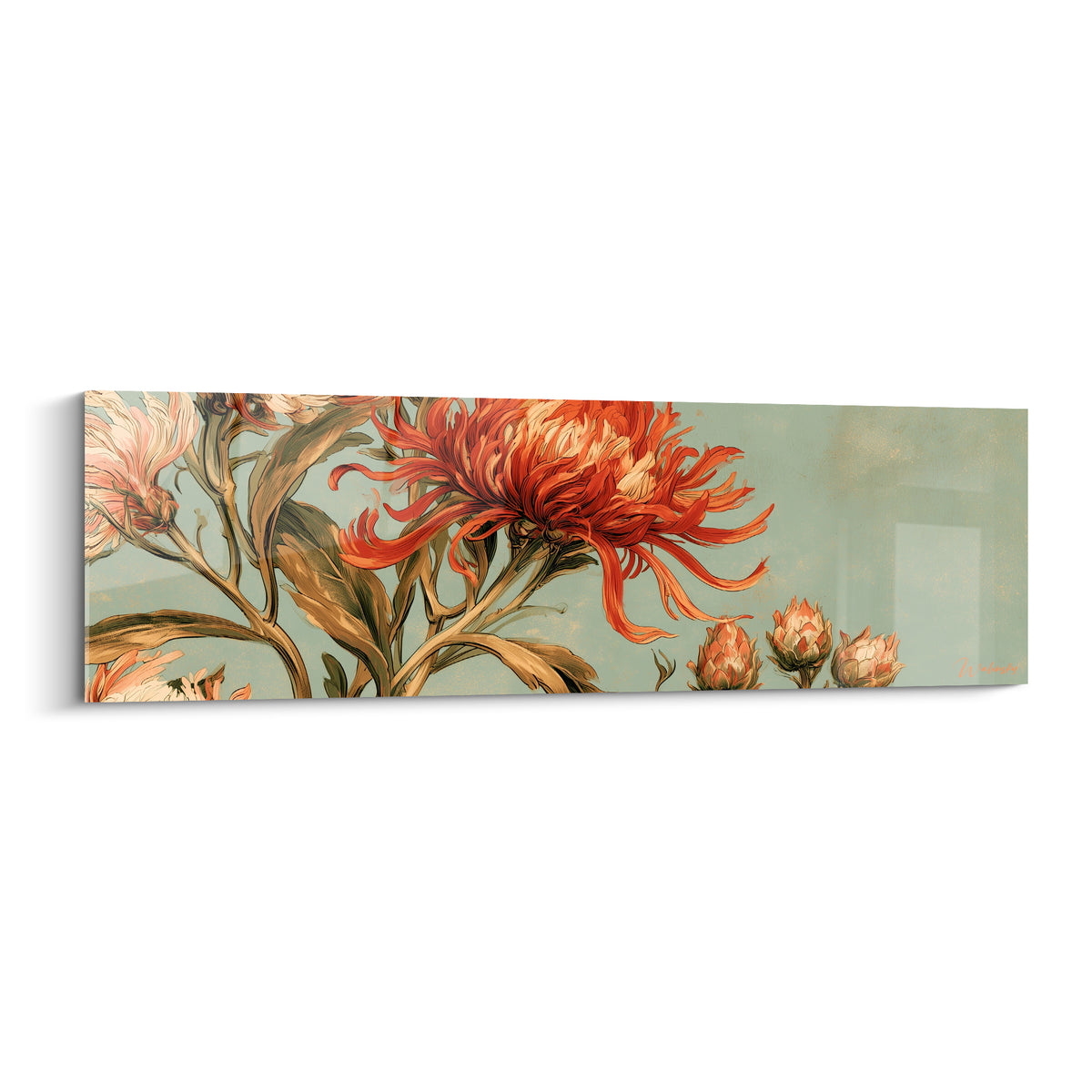 Chrysanthème corail aux pétales effilés sur fond vert sauge, style botanique raffiné