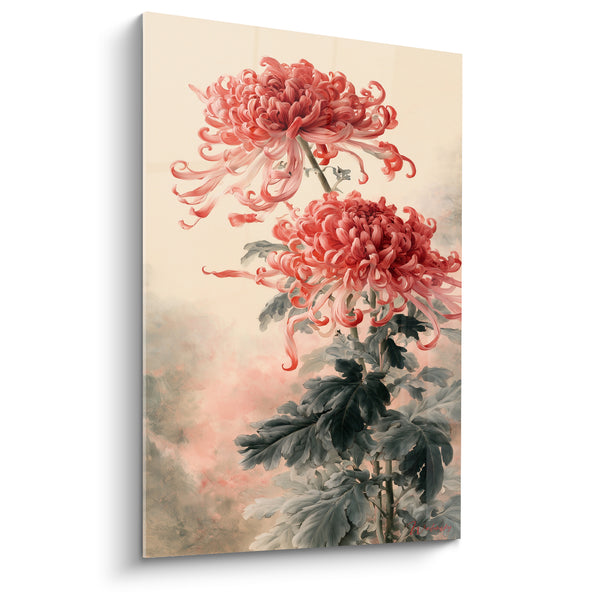 Tableau Chrysanthèmes corail et gris aux pétales tourbillonnants - Duo de fleurs filandreuses - Edition Chrysanthème
