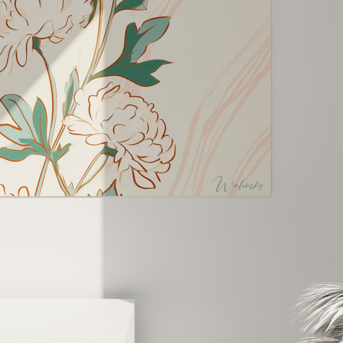 Pétales de chrysanthème crème et traits bruns finement dessinés révélant le grain de l'impression