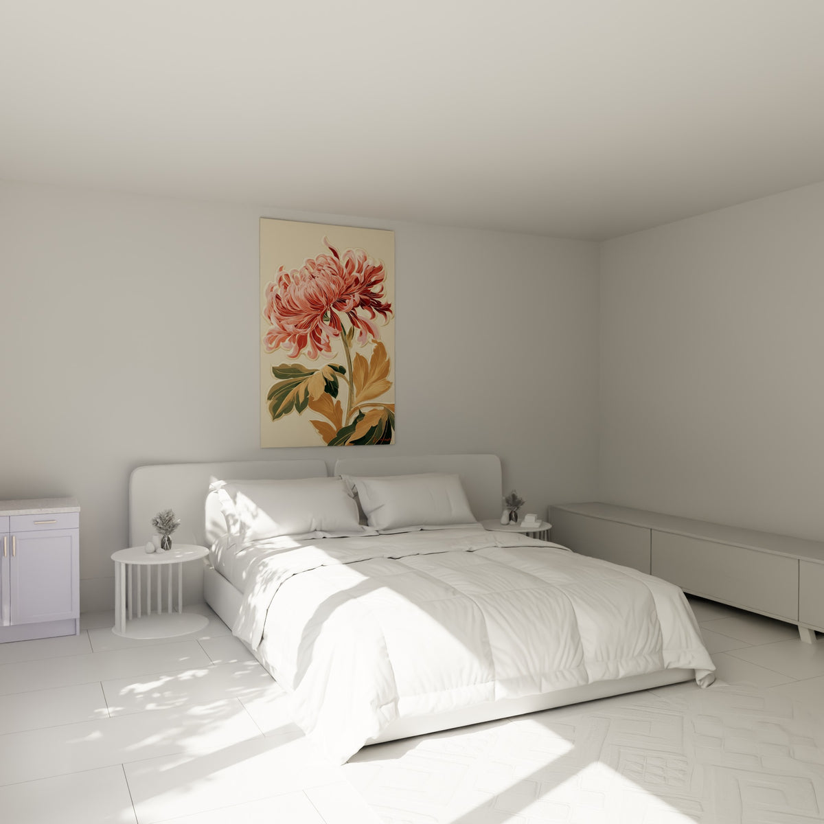 Fleur de chrysanthème rose et ocre doré accrochée au-dessus d'un lit dans une chambre claire