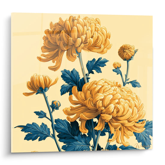 Chrysanthèmes dorés en pleine floraison sur fond ocre, feuillage bleu marine détaillé