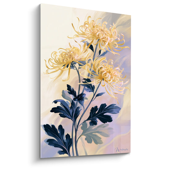 Tableau Chrysanthèmes jaune pâle et bleu marine en trio - Fond nuageux lilas - Edition Chrysanthème