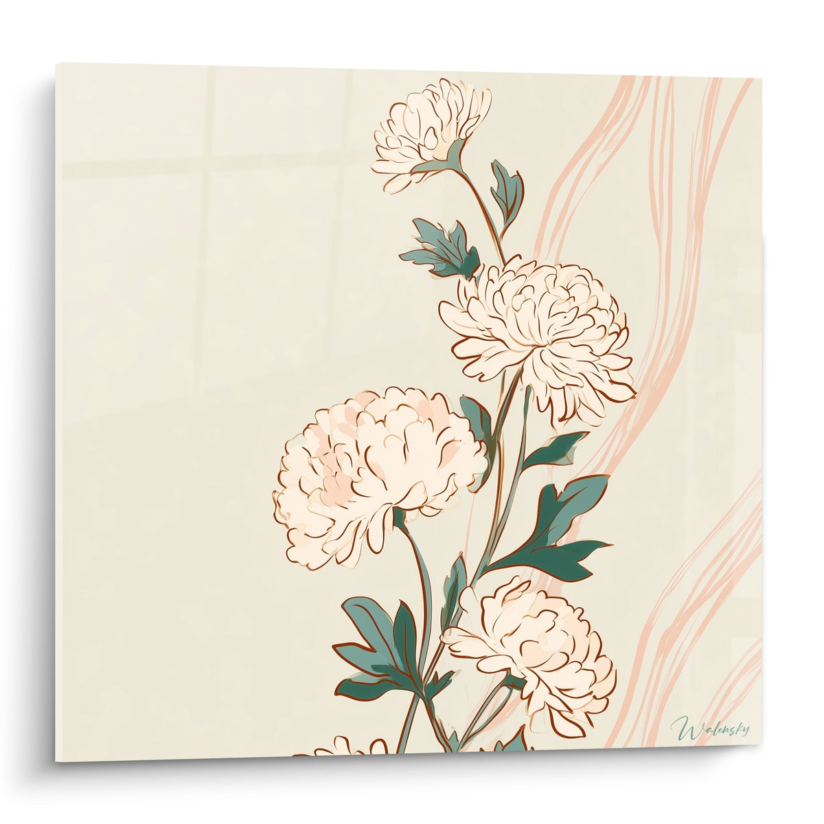 Chrysanthèmes crème et rose poudré aux feuilles vert sauge sur fond ivoire clair
