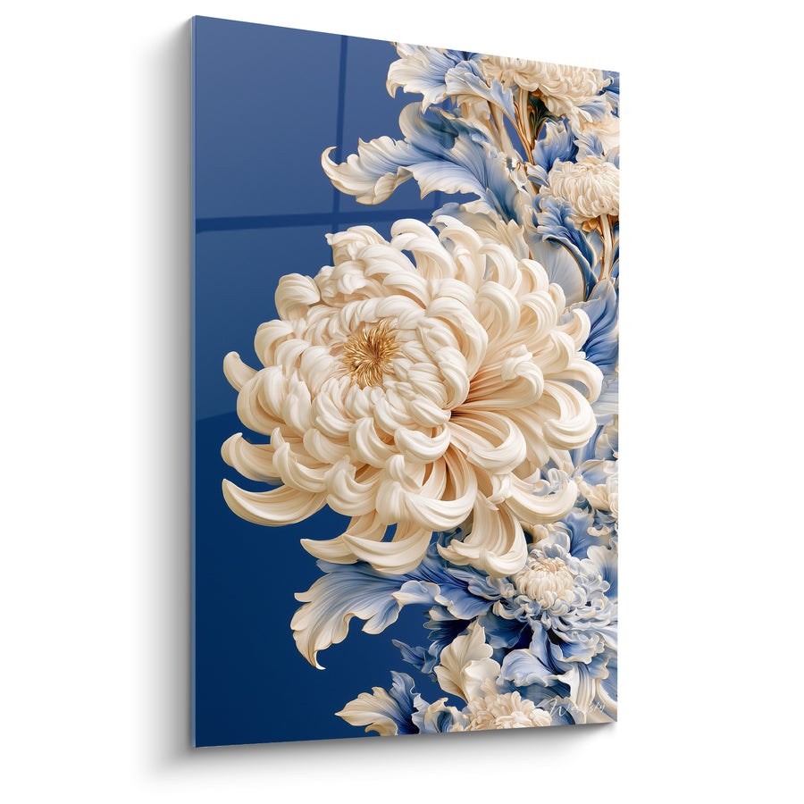 Tableau Chrysanthème ivoire et bleu pétales en volutes - Reflet vitré marine - Edition Chrysanthème