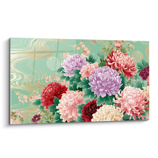 Chrysanthèmes mauves, roses et rouges épanouis sur fond vert d'eau strié de volutes dorées