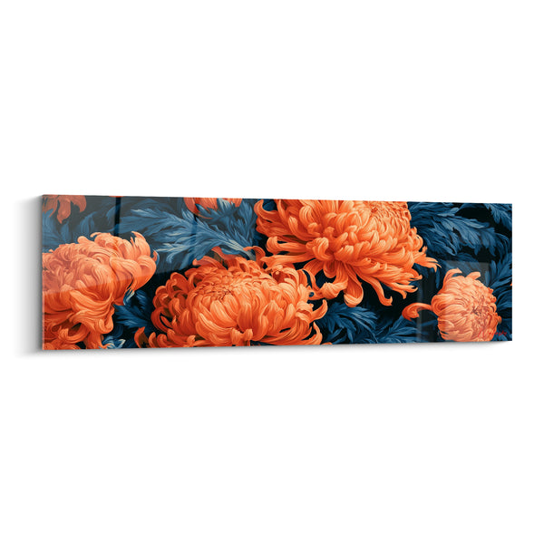 Tableau Chrysanthèmes orange et bleu pétrole en grappe serrée - Pétales frisés denses - Edition Chrysanthème