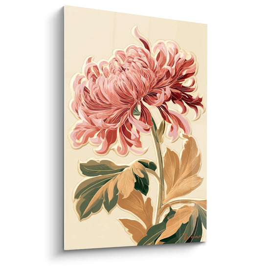 Tableau Chrysanthème rose et bordeaux aux feuilles ambrées - Contours dorés soulignés - Edition Chrysanthème