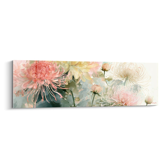 Chrysanthèmes roses corail et pêche aux pétales effilés sur fond vert sauge et blanc, aquarelle florale
