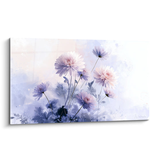 Chrysanthèmes roses et bleu lavande peints en aquarelle sur fond brumeux clair