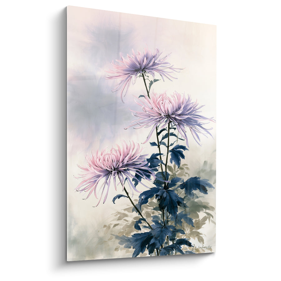 Tableau Chrysanthèmes roses et mauves aux feuilles bleutées - Trio de tiges penchées - Edition Chrysanthème