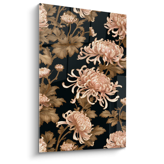 Tableau Chrysanthèmes rose et brun sur fond noir - Motif floral japonisant - Edition Chrysanthème