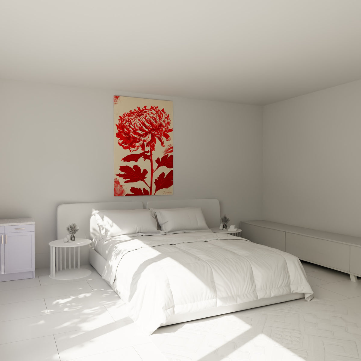 Chrysanthème rouge intense aux feuilles bordeaux, accroché au-dessus d'un lit dans une chambre claire