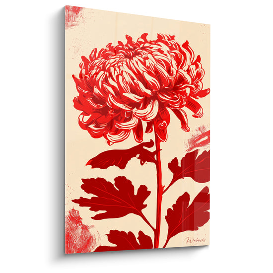 Tableau Chrysanthème rouge et blanc aux feuilles silhouettées - Éclaboussures d'encre coin - Edition Chrysanthème