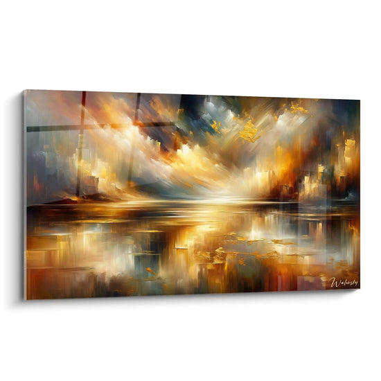 Un tableau abstrait de paysage avec reflets d'eau. Dominé par des teintes ocre, or, bleu profond et brun rougeâtre. La texture présente des coups de pinceau dynamiques horizontaux et diagonaux, avec des zones de peinture épaisse dorée en relief contrastant avec des passages fluides et vaporeux.
