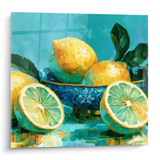 Citrons entiers jaunes et tranches vertes dans un bol bleu turquoise à motifs dorés