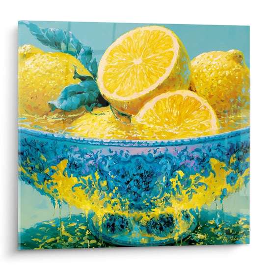 Coupelle bleu turquoise débordant de citrons jaunes coupés, peinture au couteau expressive