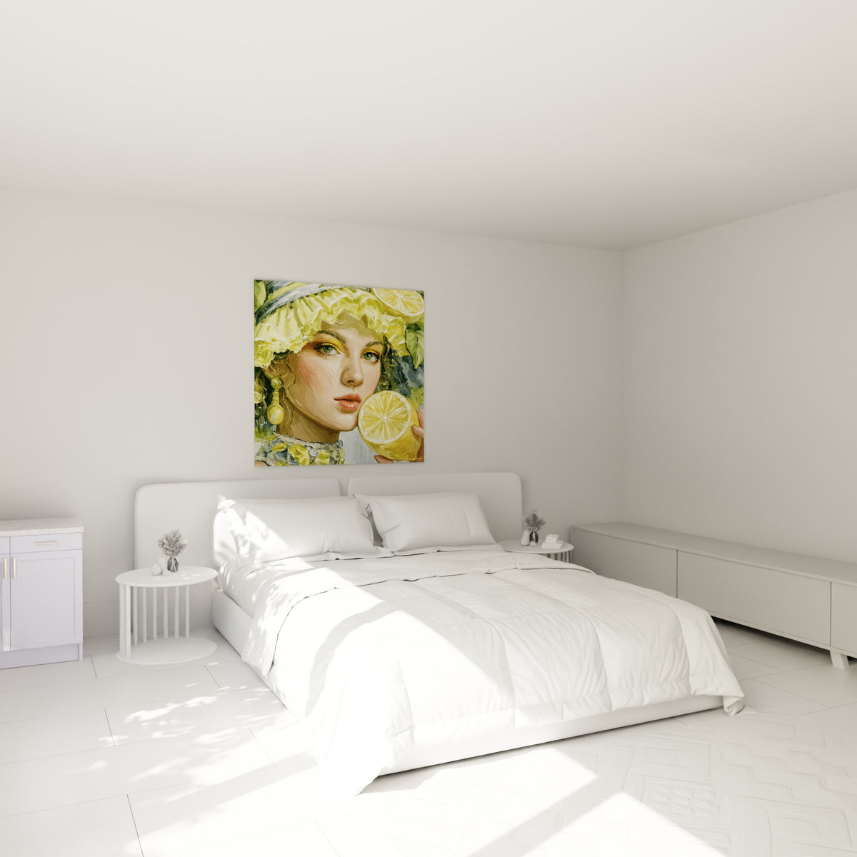 Femme parée de fleurs jaune citron et vertes, accrochée au-dessus d'un lit dans une chambre claire