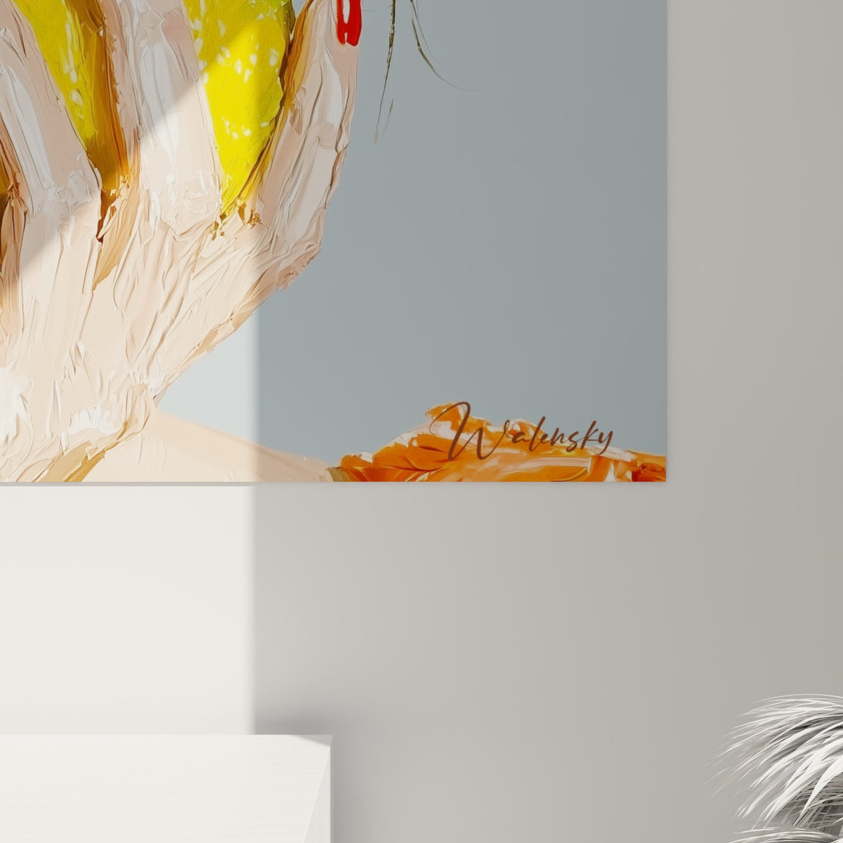 Empâtements colorés jaune et orange visibles sur la toile, matière épaisse et coulures autour des citrons