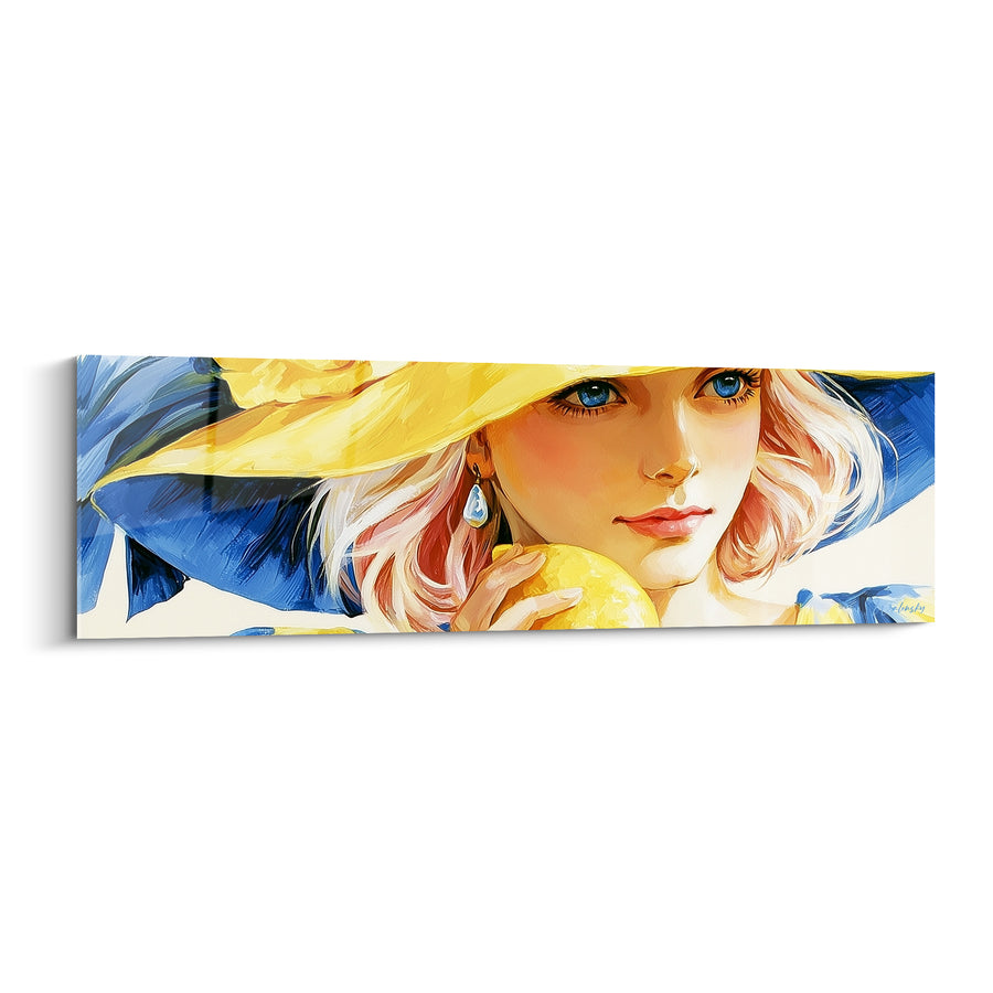 Tableau Portrait féminin jaune et bleu au large chapeau - Boucle d'oreille en larme - Edition Citron