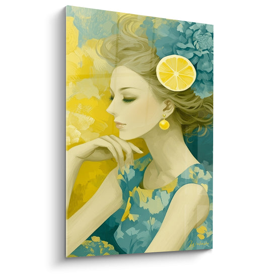 Tableau Femme jaune et bleu tranche de citron - Songe rafraîchi - Edition Citron