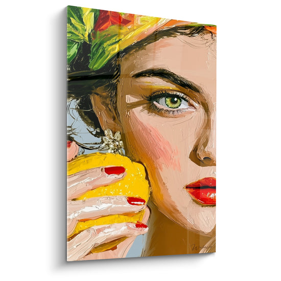 Tableau Femme yeux verts tenant un citron - Instant sensuel - Edition Citron