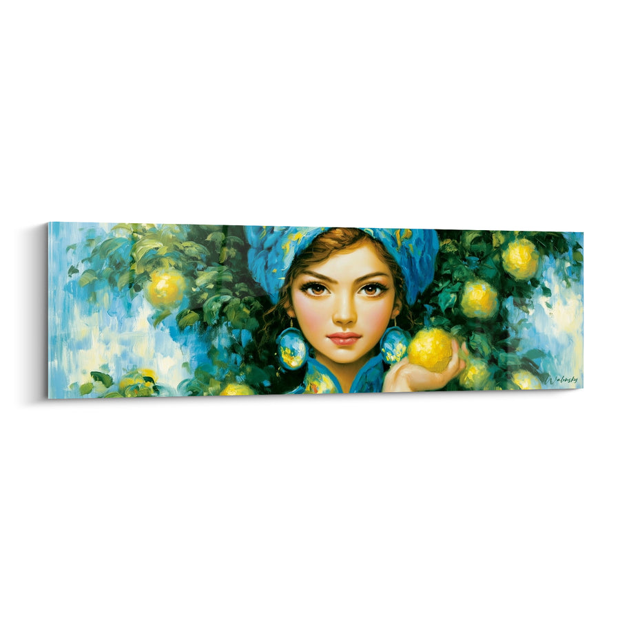 Tableau Portrait féminin bleu et jaune boucles d'oreilles rondes - Regard brun intense - Edition Citron