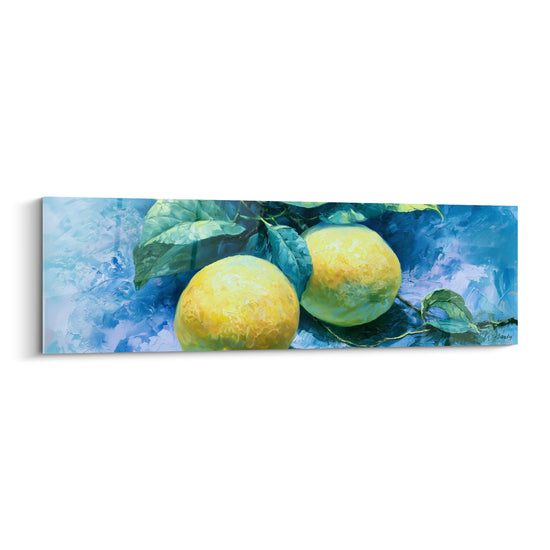 Tableau Citrons jaunes et bleus en paire sur branche - Empâtement au couteau - Edition Citron