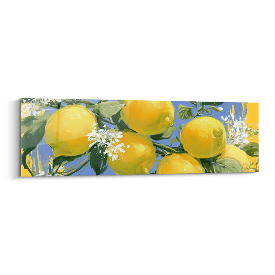 Tableau Citrons jaunes et bleu ciel entre fleurs blanches épanouies - Grappe sur branche noueuse - Edition Citron