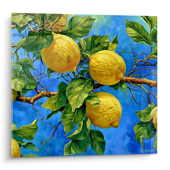 Citrons jaunes gorgés de soleil sur fond bleu vif, branche noueuse et feuillage vert peints