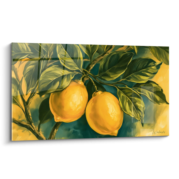 Tableau Citrons jaunes et verts en duo suspendu - Branche noueuse penchée - Edition Citron