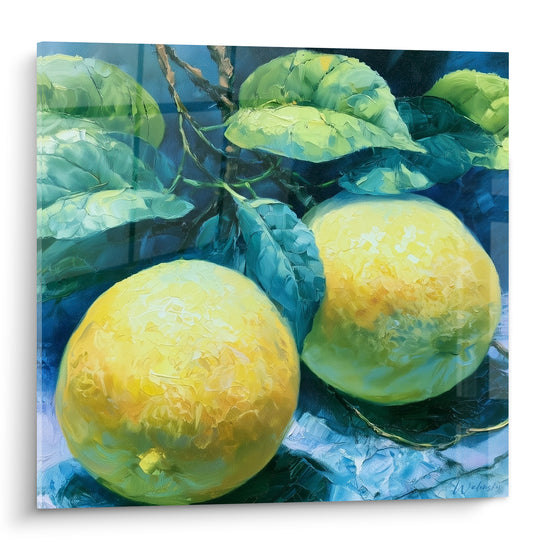 Citrons jaunes et feuillage vert émeraude sur fond bleu profond, peinture à l'huile texturée