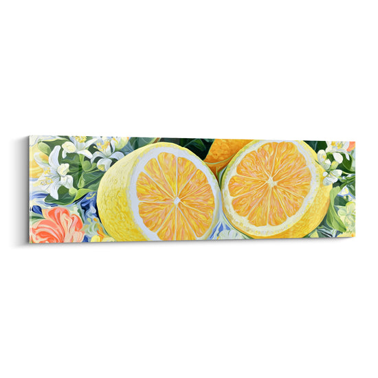 Tableau Citron jaune et orange tranché en gros plan - Fleurs d'oranger blanches - Edition Citron