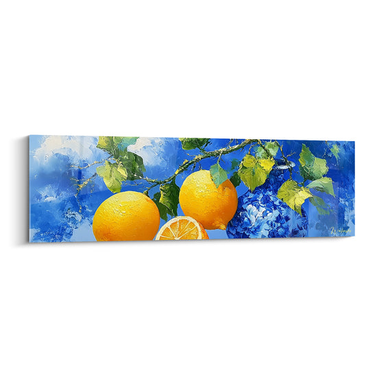 Tableau Citrons jaunes et bleus près d'un vase fleuri - Vase en céramique bleue - Edition Citron