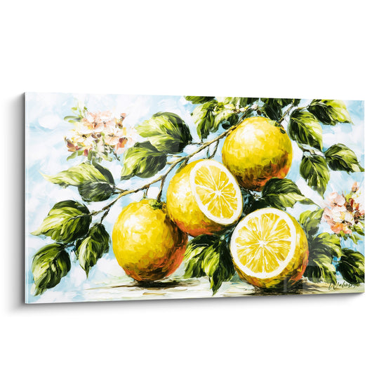 Citron jaune éclatant et vert sauge peints en pleine branche fleurie sur fond bleu pastel