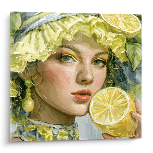 Tableau Portrait femme jaune et vert boucle pendante - Regard vert intense - Edition Citron