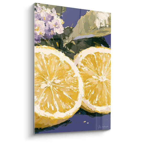 Tableau Tranches jaunes et bleu violet aux fleurs mauves - Empâtement épais glacé - Edition Citron