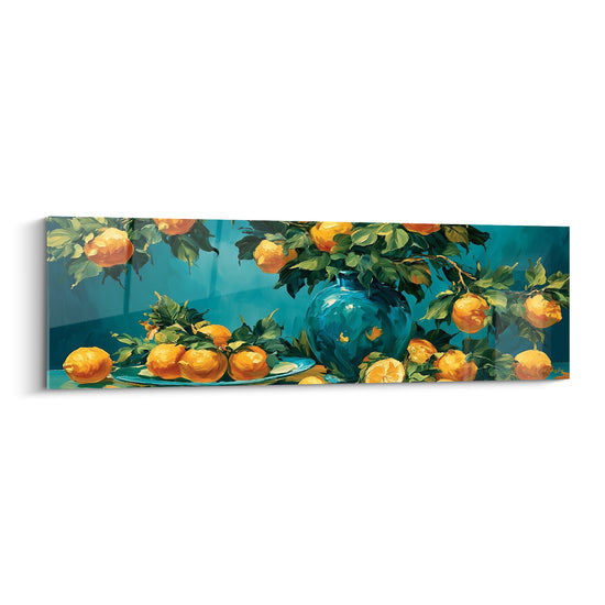 Tableau Citrons dorés sur fond bleu sarcelle - Récolte du verger - Edition Citron