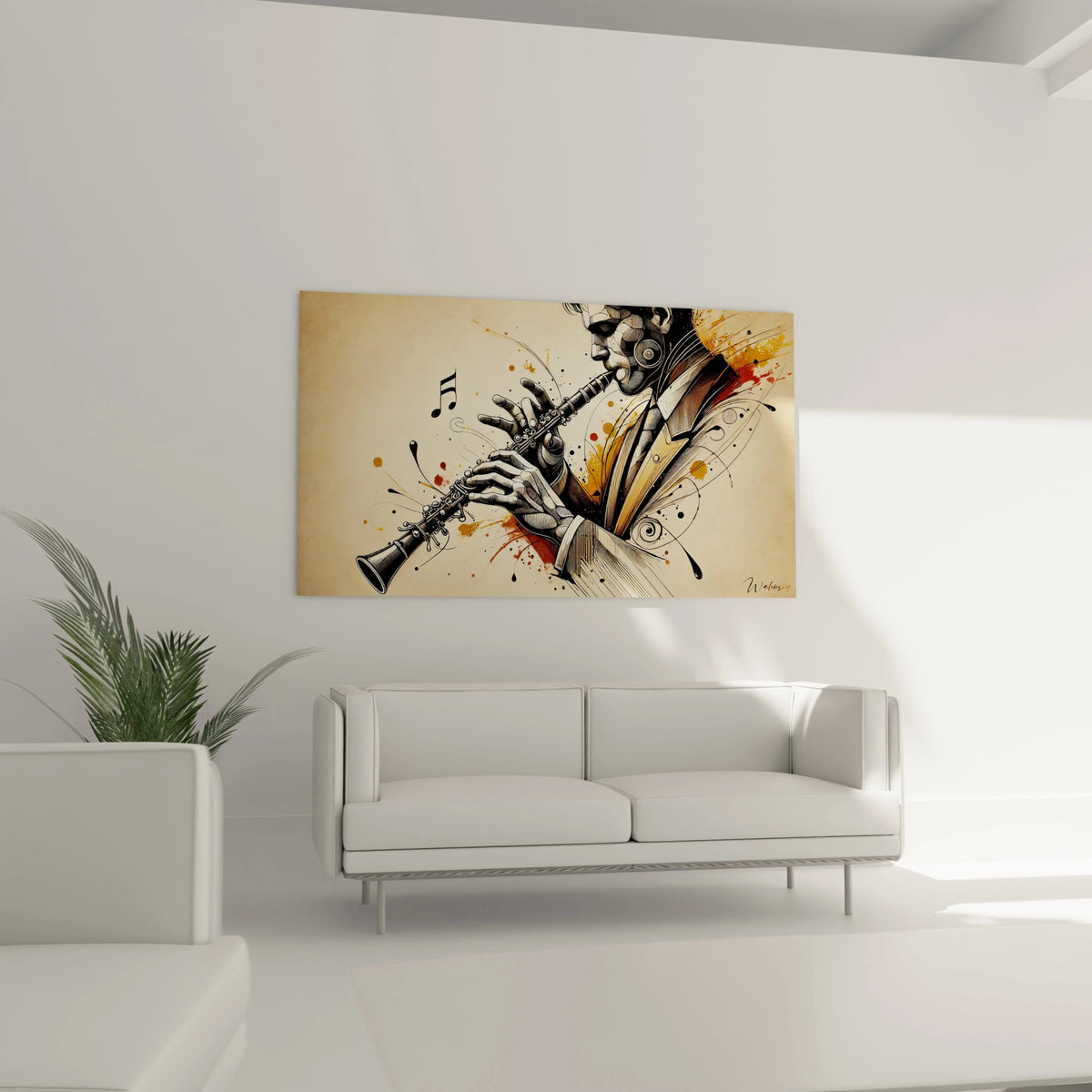 Un tableau musique abstrait, suspendu dans un salon moderne, mettant en avant un clarinettiste au style graphique unique.
