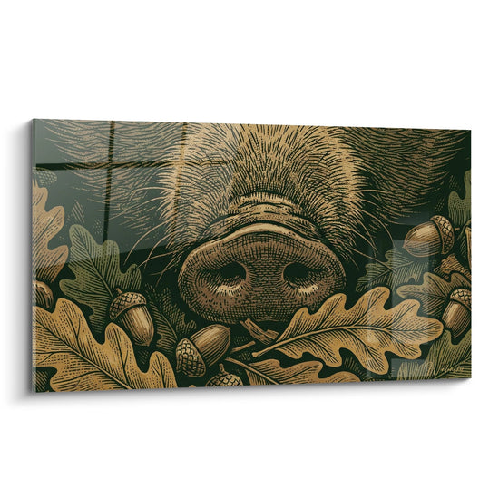Tableau Gravure Art Forestier Doré sur Fond Vert avec Museau Central et Végétaux - Cochon des Bois - Edition Cochon