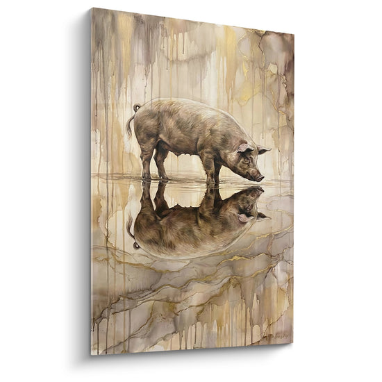 Tableau Cochon Reflet Aquarelle Tons Dorés et Bruns - Miroir de l'Âme - Edition Cochon