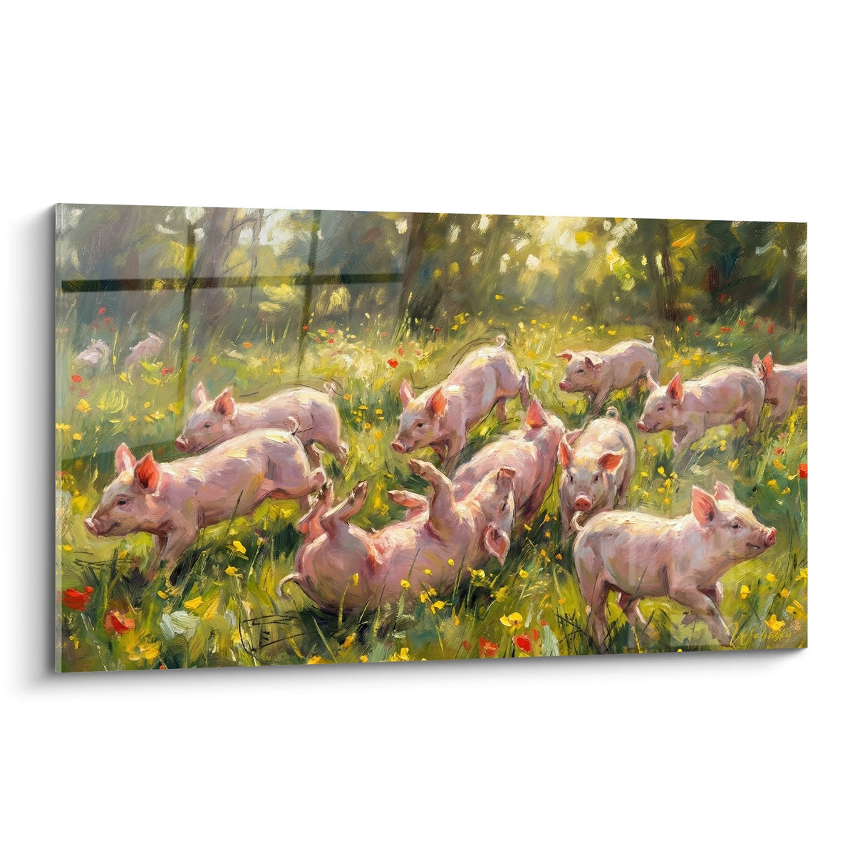 Tableau cochons roses dans prairie fleurie avec coquelicots sous lumière doree style impressionniste pastoral