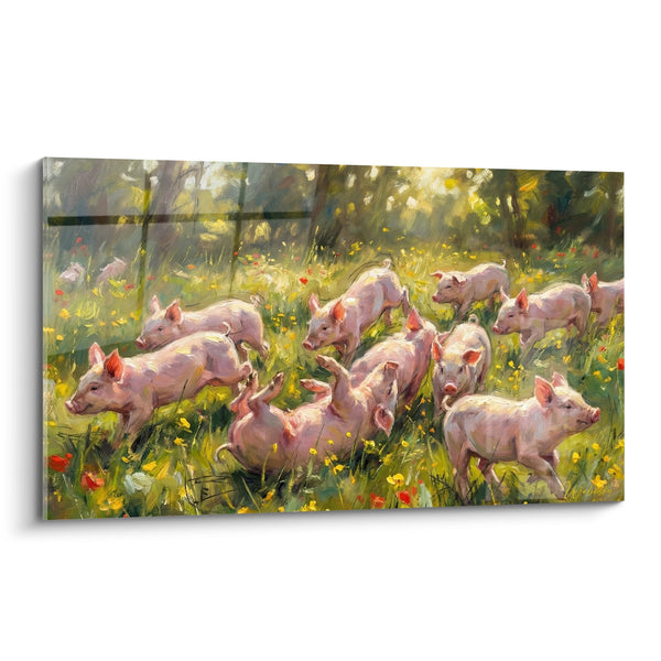 Tableau Cochons Roses dans Prairie Fleurie sous Lumière Dorée - Pastorale Champêtre - Edition Cochon