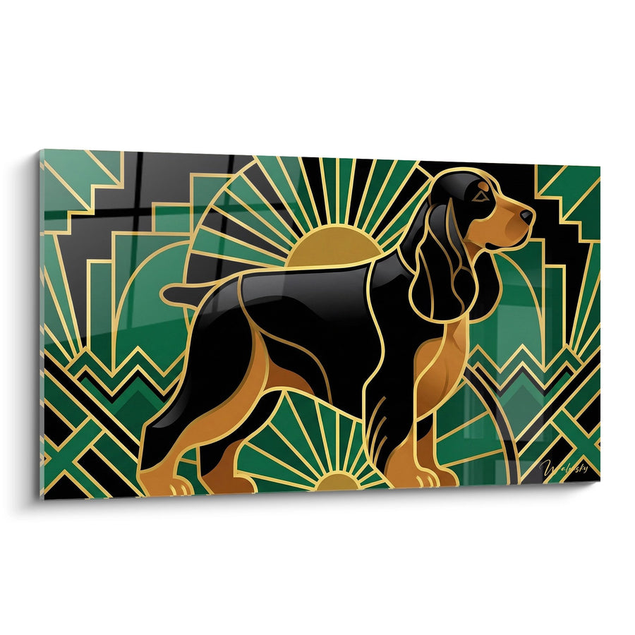 Tableau Cocker Anglais Art Déco aux Motifs Géométriques Dorés et Verts - Élégance Rayonnante - Edition Cocker Anglais
