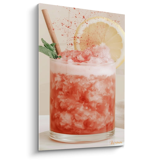 Tableau Verre rouge et jaune à la glace pilée - Paille en bois - Edition Cocktail