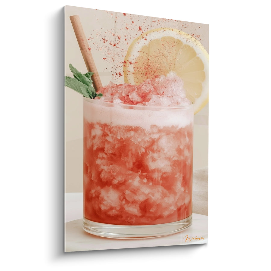 Tableau Verre rouge et jaune à la glace pilée - Paille en bois - Edition Cocktail