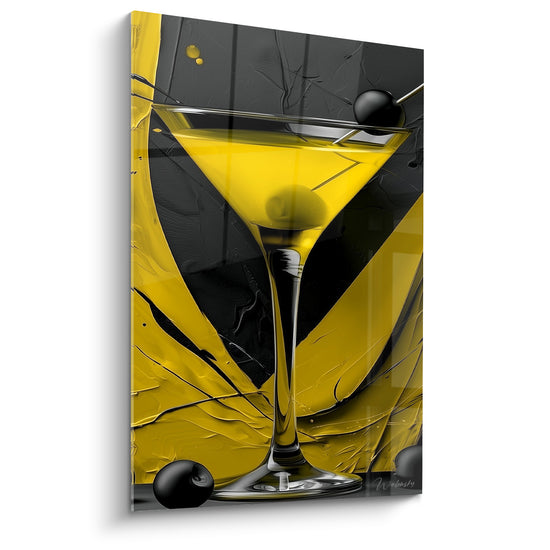 Tableau Verre à martini jaune et noir aux olives suspendues - Texture peinte éclatée - Edition Cocktail