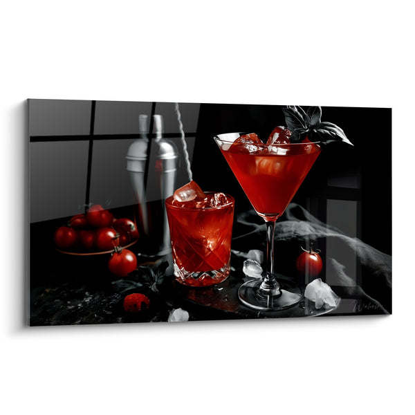 Tableau Verre et gobelet rouge et noir aux tomates cerises - Shaker argenté et basilic - Edition Cocktail